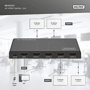 HDMI dalītājs 1x4, 4K/60Hz UHD ar HDR, 18 Gbps, HDCP 2.2, EDID