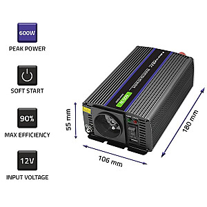 Sprieguma pārveidotājs Monolith 600 MS Wave | no 12 V līdz 230 V | 300/600 W | USB