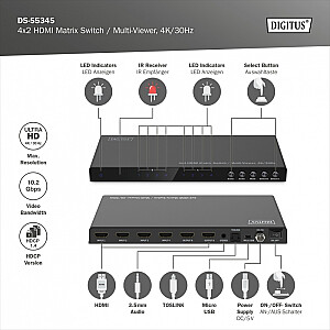 Switch/Matrix HDMI 4/2-porti 4K/30Hz UHD HDCP 1.4 audio ar tālvadību