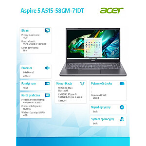 Laptop Aspire 5 A515-58GM-71DT i7-13620H/15.6 FHD/16GB/512GB/GeForce RTX 2050/NoOS