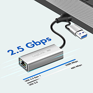 USB-A/-C uz 2.5G Ethernet adapteri, pelēks