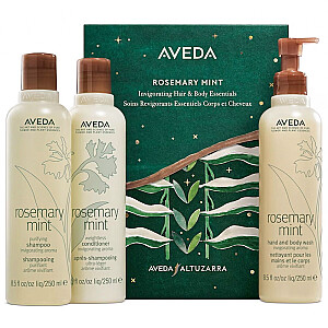 AVEDA SET Rosemary Mint šampūns matiem 250ml + Rosemary Mint bezsvara kondicionieris matiem 250ml + Rosemary Mint roku un ķermeņa mazgāšanas līdzeklis 250ml