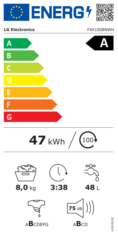 LG veļas mašīna | F4X1008NWH | Energoefektivitātes klase A | Priekšējā ielāde | Mazgāšanas jauda 8 kg | 1400 apgr./min | Dziļums 56 cm | Platums 60 cm | Displejs | LCD | Tvaika funkcija | Tiešā piedziņa | Wi-Fi | Balta