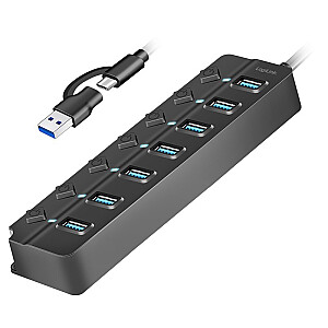 HUB USB3.2 Gen1, 7x USB-A, 7x ON/OFF, melns