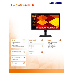 27 collu monitors S40GD IPS 1920x1080 FHD 16:9 2xHDMI 1xDP 2xUSB-A 2.0 1xUSB-B 5ms 100Hz HAS+PIV skaļruņi plakans 3YOn-Site (LS27D406GAUXEN)