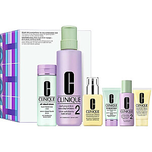 CLINIQUE SET Lieliska āda visur: sausai kombinētai ādai šķidrais sejas ziepes maigs 200ml + skaidrojošā losjons 487ml + dramatiski atšķirīga mitrinošā losjons 125ml + šķidrais sejas ziepes maigs 30ml + skaidrojošā losjons 60ml + dramatiski atšķirīga