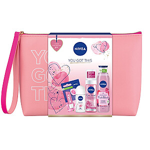 NIVEA SET You Got This Fresh Rose Touch антиперспирант с роликом 50ml + Fresh Blends Малина и Черника гель для душа 300ml + Soft Rose помада для губ 4,8g + Rose Touch пенка для умывания 150ml + косметичка