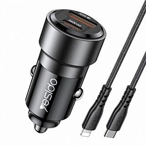 yesido Y54 60W Fast Charging Car Charger | With TC to IP cable car cigarette lighting port charger adapter Black