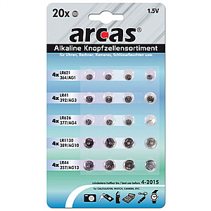 Набор Arcas AG 4xAG1, 4xAG3, 4xAG4, 4xAG10, 4xAG13, щелочная кнопочная ячейка, 20 шт.
