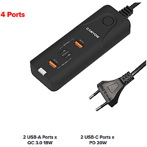 CANYON charger H-10 PD 20W QC 3.0 18W 2USB-A 2USB-C Desk Black