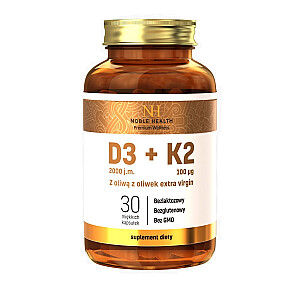 NOBLE HEALTH D3 + K2 ar ekstra virgin olīveļļu uztura bagātinātājs 30 kapsulas