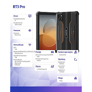 Tablete RT3 Pro 4G 8 collas 4/128GB oranža