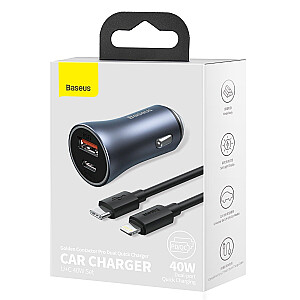 Baseus Golden Contactor Pro car charger, USB + USB-C, QC4.0+, PD, SCP, 40W (dark gray) with Cable Type-C to iP 1m Black