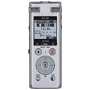 Olympus Digital Voice Recorder DM-720 Stereo/Tresmic, PCM/MP3, 18mm round dynamic speaker/ 150mW, Rechargeable, Microphone connection, MP3 playback, Silver,