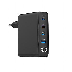 Universālais lādētājs 100W GaN 1xUSB-A 3xUSB-C ātrā uzlāde LCD melns