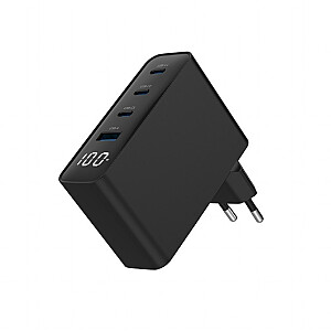 Universālais lādētājs 100W GaN 1xUSB-A 3xUSB-C ātrā uzlāde LCD melns