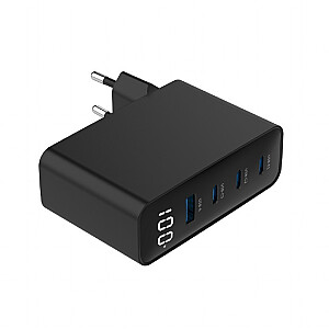 Universālais lādētājs 100W GaN 1xUSB-A 3xUSB-C ātrā uzlāde LCD melns