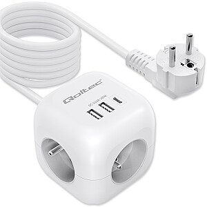 Сетевой фильтр 6в1 с подсвечиваемым выключателем | 3x AC | 2x USB | 1x USB-C PD 20W | белый | 2м кабель