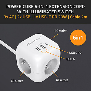 Сетевой фильтр 6в1 с подсвечиваемым выключателем | 3x AC | 2x USB | 1x USB-C PD 20W | белый | 2м кабель
