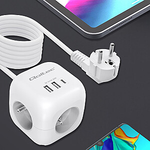 Сетевой фильтр 6в1 с подсвечиваемым выключателем | 3x AC | 2x USB | 1x USB-C PD 20W | белый | 2м кабель