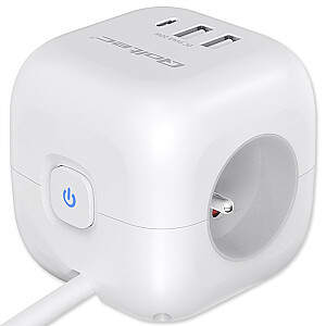 Сетевой фильтр 6в1 с подсвечиваемым выключателем | 3x AC | 2x USB | 1x USB-C PD 20W | белый | 2м кабель
