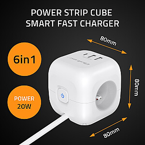 Сетевой фильтр 6в1 с подсвечиваемым выключателем | 3x AC | 2x USB | 1x USB-C PD 20W | белый | 2м кабель