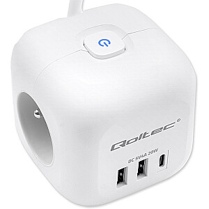 Сетевой фильтр 6в1 с подсвечиваемым выключателем | 3x AC | 2x USB | 1x USB-C PD 20W | белый | 2м кабель