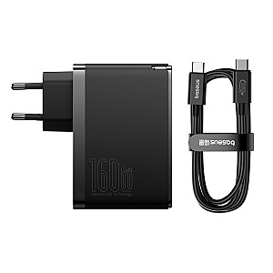 Sienas lādētājs GaN5 Pro 160 W USB + 2xUSB-C QC4+ PD3.1 ar USB-C 1 m kabeli, melns