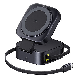Bezvadu magnētiskais lādētājs PicoGo Qi2 15 W ar ievelkamu USB-C kabeli 67 W, melns