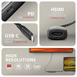 RVC-HI8KPD Активный адаптер USB-C -> HDMI 8K/60Hz, алюминий, PD100W, кабель 16 см