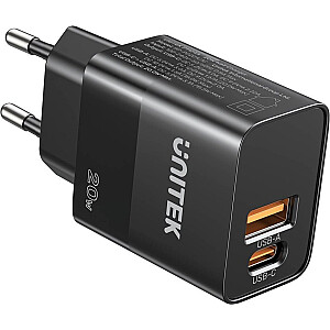 Unitek lādētājs Unitek sienas lādētājs, 1x USB-A, 1x USB-C, QC, PC 3.0, 20W, melns