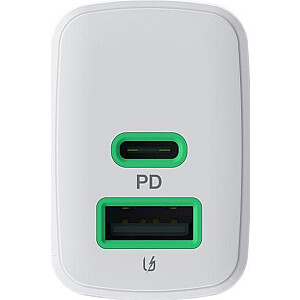 Greencell PowerSource Duo30 Balts Sienas Lādētājs 30W USB-C USB-A Enerģijas Piegāde QC3.0- 1x USB-C, 1x USB-A