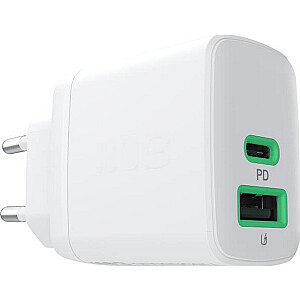 Greencell PowerSource Duo30 Balts Sienas Lādētājs 30W USB-C USB-A Enerģijas Piegāde QC3.0- 1x USB-C, 1x USB-A