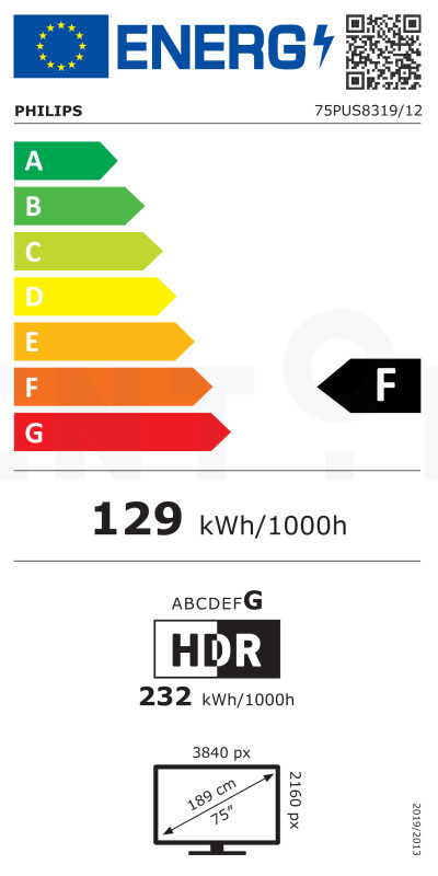 Philips 4K UHD LED Smart TV 75" 75PUS8319/12 3-sided Ambilight 3840x2160p HDR10+ 4xHDMI 2xUSB LAN WiFi, DVB-T/T2/T2-HD/C/S/S2, 20W