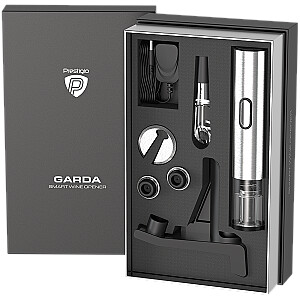 Prestigio Garda, smart wine opener, simple operation with 2 buttons, aerator, vacuum stopper preserver, foil cutter, opens up to 50 bottles wihout recharging, premium design, 500mAh battery, Dimensions D 17mm* H 290mm* W100 mm, silver color.