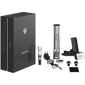 Prestigio Garda, smart wine opener, simple operation with 2 buttons, aerator, vacuum stopper preserver, foil cutter, opens up to 50 bottles wihout recharging, premium design, 500mAh battery, Dimensions D 17mm* H 290mm* W100 mm, silver color.
