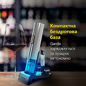 Prestigio Garda, smart wine opener, simple operation with 2 buttons, aerator, vacuum stopper preserver, foil cutter, opens up to 50 bottles wihout recharging, premium design, 500mAh battery, Dimensions D 17mm* H 290mm* W100 mm, silver color.