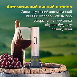Prestigio Garda, smart wine opener, simple operation with 2 buttons, aerator, vacuum stopper preserver, foil cutter, opens up to 50 bottles wihout recharging, premium design, 500mAh battery, Dimensions D 17mm* H 290mm* W100 mm, silver color.