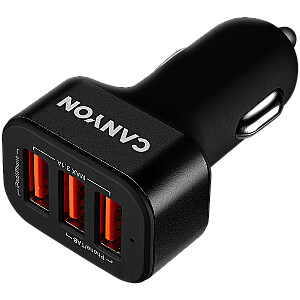 CANYON Mini 3 USB car adapter, Input 12V-24V, Output 5V-3.1A, black rubber coating+black metal ring (side with USB is in plastic)