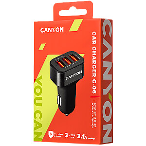 CANYON Mini 3 USB car adapter, Input 12V-24V, Output 5V-3.1A, black rubber coating+black metal ring (side with USB is in plastic)