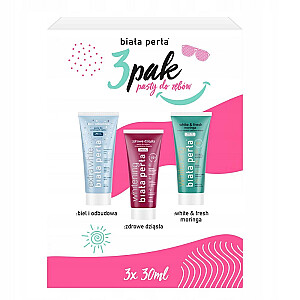 BIAŁA PERŁA SET 3pak Veselīgas smaganas pasta vājām smaganām 30ml + Baltums un Atjaunošana balinoša pasta jutīgiem zobiem 30ml + White & Fresh Moringa svaiga elpa un smaganu aizsardzība 30ml