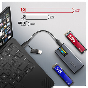 EEM2-SD2 Ārējā alumīnija korpuss bez skrūvēm USB-A/C 3.2 Gen2 M.2 NVMe/SATA LCD displejs