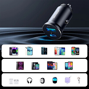 JR-CCN05 30W USB-A USB-C mini auto lādētājs - melns