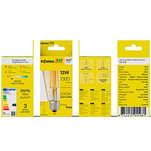 LED E27 ST64, 12W, 1380lm, 3000K, dzintara