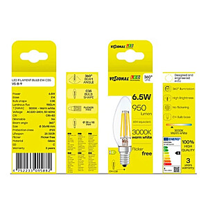 LED E14 C35, 6.5W, 950lm, 3000K