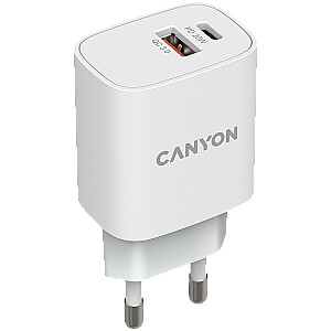 CANYON H-20-04, PD 20W/QC3.0 18W WALL Charger with 1-USB A+ 1-USB-C   Input: 100V-240V, Output: 1 port charge: USB-C:PD 20W (5V3A/9V2.22A/12V1.67A) , USB-A:QC3.0 18W (5V3A/9V2.0A/12V1.5A), 2 port charge: common charge,  total 5V, 3A, Eu plug  , Over