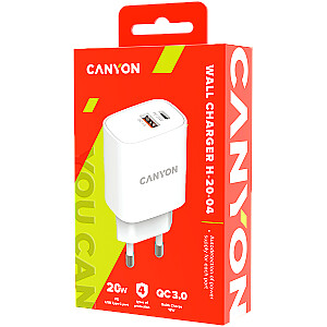 CANYON H-20-04, PD 20W/QC3.0 18W WALL Charger with 1-USB A+ 1-USB-C   Input: 100V-240V, Output: 1 port charge: USB-C:PD 20W (5V3A/9V2.22A/12V1.67A) , USB-A:QC3.0 18W (5V3A/9V2.0A/12V1.5A), 2 port charge: common charge,  total 5V, 3A, Eu plug  , Over