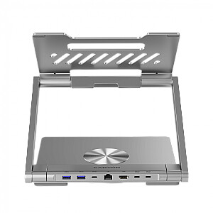 Canyon Laptop stands with hub, TYPE C F to HDMI2.0+2USB3.0+USBC3.0+RJ45+PD, TYEP C TO C cable 1m white with Emarker: HUSB332A, Material: Aluminum case+ABS+PS, Size: 245x240x27.2+/-0.3mm, Weight:1304g