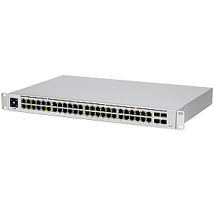 Ubiquiti USW-48-PoE, коммутатор PoE уровня 2, 32 x GbE PoE+, 16 x GbE порты, 4 x 1G SFP порты, 195W общая мощность PoE, безвентиляторный, тихое охлаждение, защита от ЭСД/ЭМП, 1.3" сенсорный LCM дисплей, для установки в стойку (в комплекте)