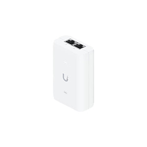 Адаптер Ubiquiti U-POE+ 30W, питает устройства UniFi PoE+, снижает зависимость от питания PoE-коммутатора, содержит вход данных RJ45, сетевой кабель с заземлением и выход PoE+